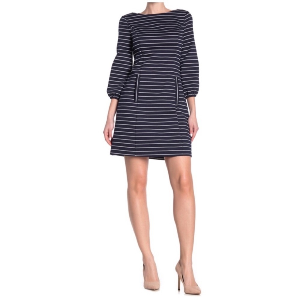 NWT Eliza J 3/4 Sleeve Striped Navy and White Cut-Out Shift Dress
